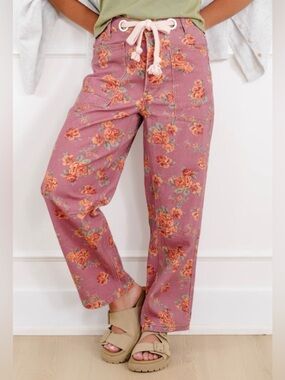Floral Berry Wide-Leg Utility Pants